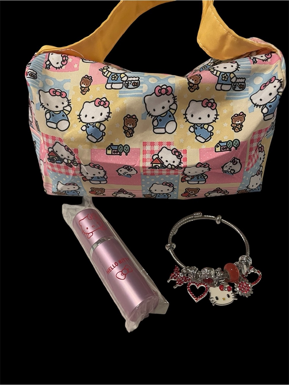 Hello Kitty Makeup Bag and Charm, Perfume Atomizer Set - Pink, Yellow
